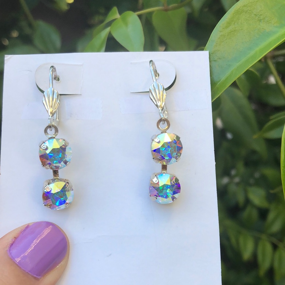 Aurora Borealis + Silver Crystal Drop Earrings - Picture 10 of 11